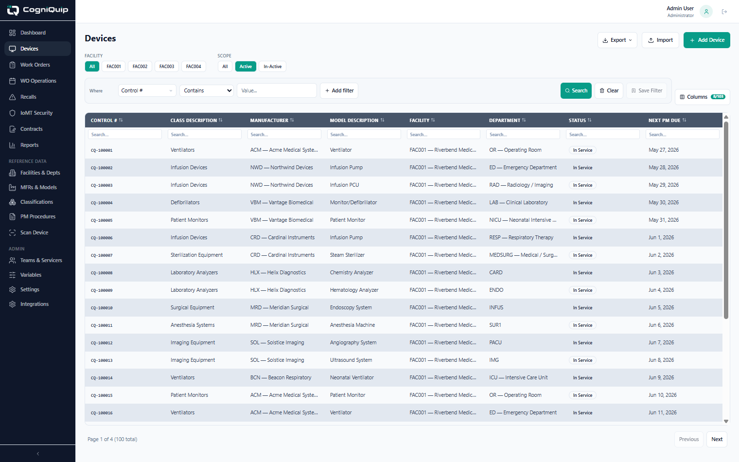 CogniQuip device inventory — UDI, classification, and PM scheduling