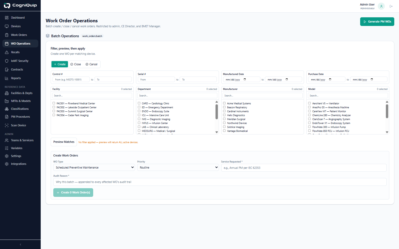 CogniQuip work-order operations — batch PM and calibration scheduling