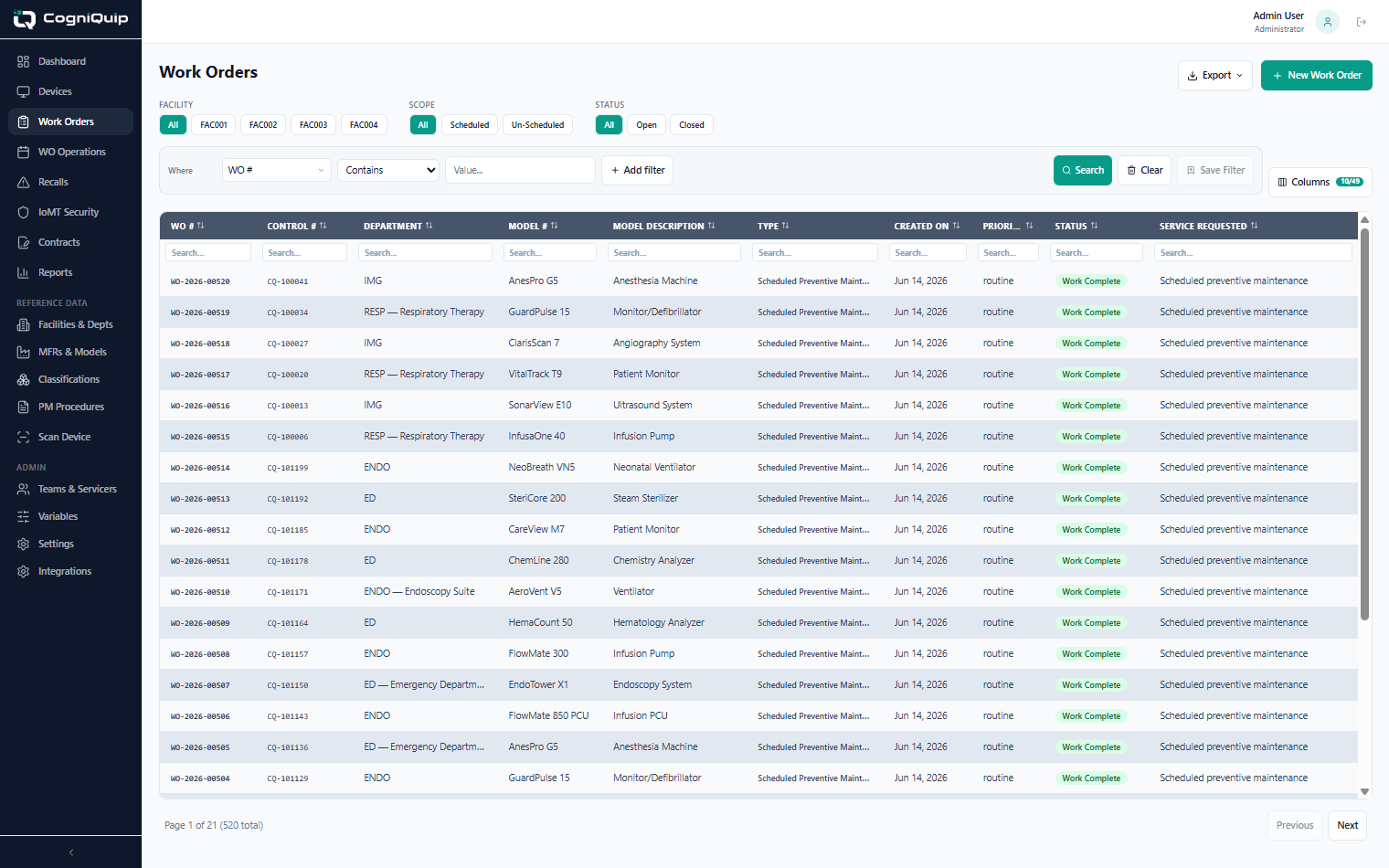 CogniQuip work orders — corrective, preventive, calibration, and recall work